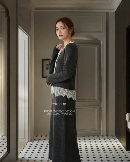 【即納】レースレイヤード リブニットセットアップ